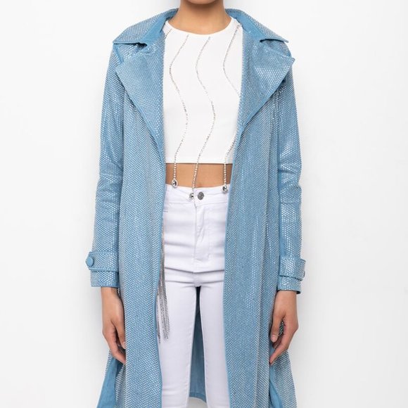 Callie Denim: Rhinestone Midi Trench Coat Large - Picture 7 of 7